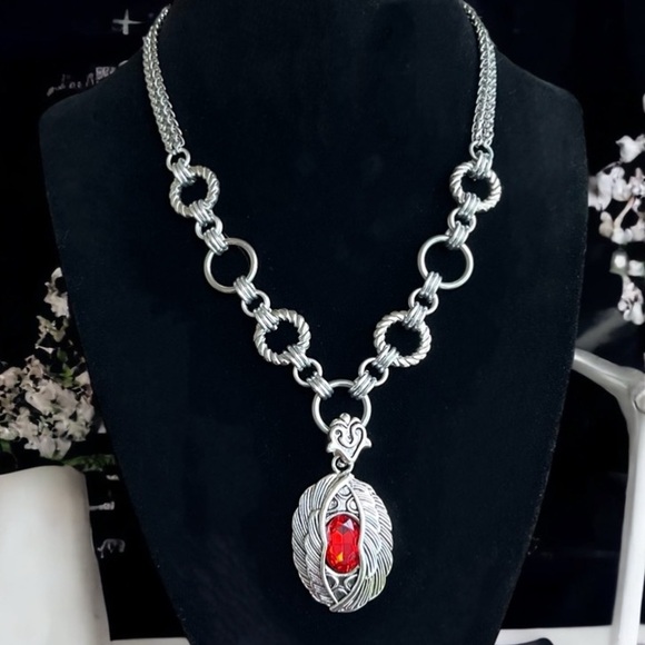 stainless steel necklace double wheat chain angel wings red stone charm . - Picture 1 of 13